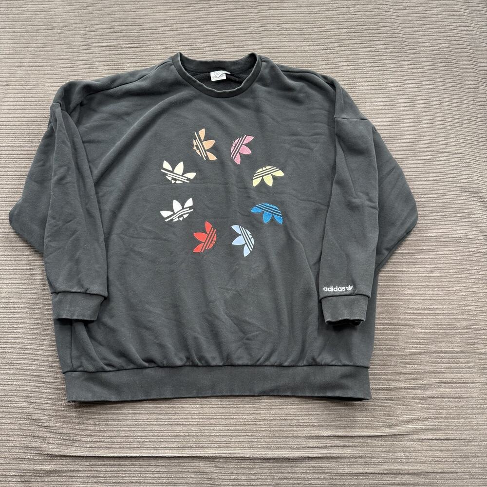 Adidas Sweatshirt Mens XL Black Multicolor Trefoil Crewneck Pullover Logo Casual